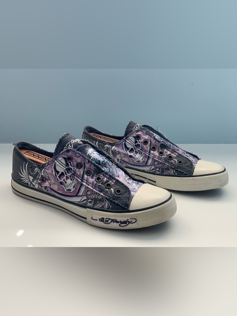 Women’s Ed Hardy Gray & Purple Skull Slip-On Sneakers